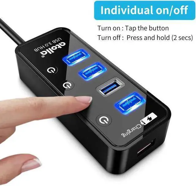 Alt view image 4 of 7 - WISDUM Atolla 4-Port USB 3.0 Hub with 4 Data Ports, 1 Smart Charging Port, Individual On/Off Switches and 5V/3A Adapter