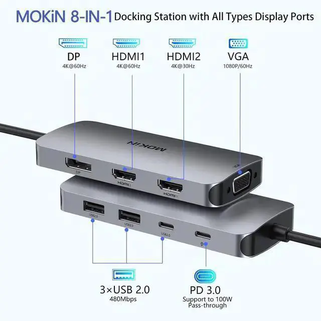 Alt view image 2 of 6 - WISDUM USB C Docking Station Dual HDMI, Docking Station 3 Monitors, Displayport, VGA, 100W PD Charging, 2USB A 2.0, USB C 2.0 Ports Multiport Adapter, 8 in 1 USB C Hub for , , Thinkpad