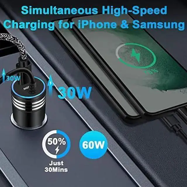 Alt view image 2 of 7 - WISDUM Android USB C Super Fast Car Charger for Galaxy S23 Ultra/S23/A05S/A05/A14 5G/A54/S22/S21 fe/S20/A53 5G/A13/A03S/A32, 60W Fast Car Adapter with 30W Built-in Type C Fast Charging Cable