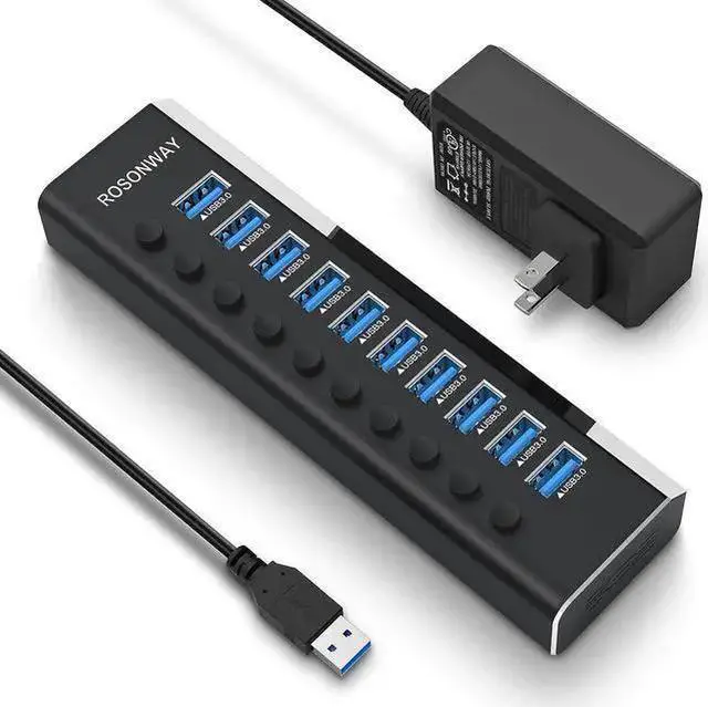 Main image of WISDUM Powered USB Hub, Rosonway Aluminum 10 Port USB 3.0 Data Hub with 36W (12V/3A) Power Adapter and Individual On/Off Switches USB Splitter(RSH-A10)