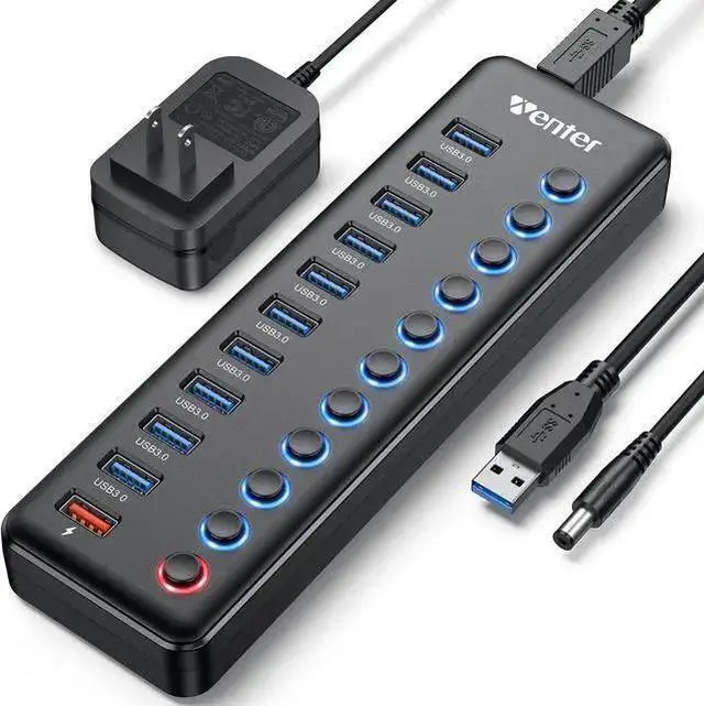 Main image of WISDUM Powered USB Hub, Wenter 11-Port USB Splitter Hub (10 Faster Data Transfer Ports+ 1 Smart Charging Port) with Individual LED On/Off Switches, USB Hub 3.0 Powered with Power Adapter for Mac, PC