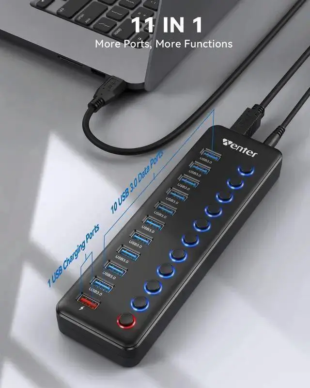 Alt view image 2 of 7 - WISDUM Powered USB Hub, Wenter 11-Port USB Splitter Hub (10 Faster Data Transfer Ports+ 1 Smart Charging Port) with Individual LED On/Off Switches, USB Hub 3.0 Powered with Power Adapter for Mac, PC