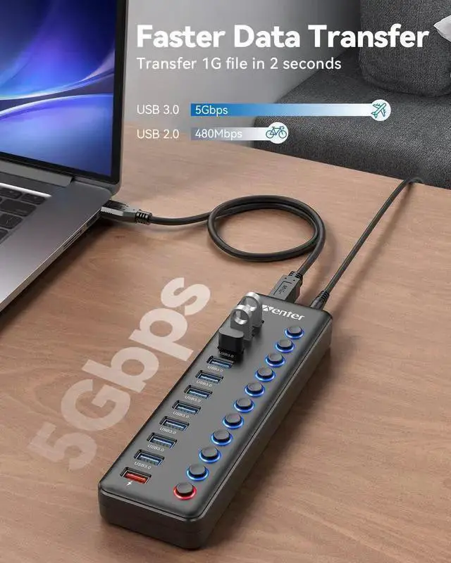 Alt view image 3 of 7 - WISDUM Powered USB Hub, Wenter 11-Port USB Splitter Hub (10 Faster Data Transfer Ports+ 1 Smart Charging Port) with Individual LED On/Off Switches, USB Hub 3.0 Powered with Power Adapter for Mac, PC