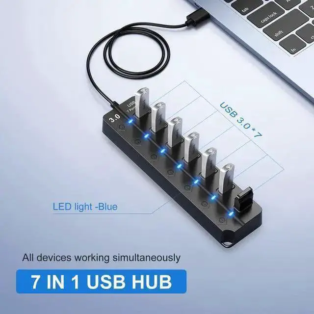 Alt view image 2 of 7 - WISDUM USB Hub 3.0, 7-Port USB Hub Splitter with Individual On/Off Switches and Lights, 3.2ft/1m Long Cable Compatible with , Laptop, Surface Pro, PS4, PC, Flash Drive, Mobile HDD