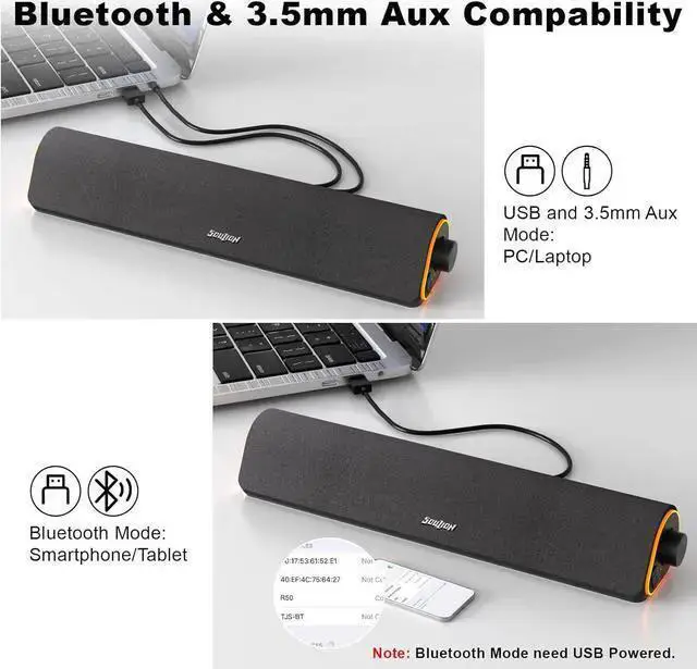 Alt view image 4 of 7 - WISDUM SOULION R50 Bluetooth Computer Speakers, 3.5mm PC Sound Bar for Desktop Monitor, Wired USB Powered & Colorful LED Lights with Switch Button, Stereo Surround Sound Soundbar for Computer Laptop