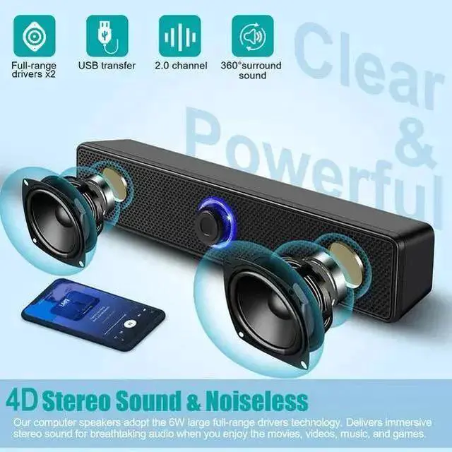 Main image of WISDUM Computer Speaker for Desktop - Wired Laptop Soundbar USB-Powered PC Gaming Speaker with Stereo Surround Bass, Volume Control, 3.5mm Aux (Black)