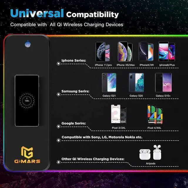 Alt view image 3 of 7 - WISDUM RGB Mouse Pad with Wireless Charging, Extened Large Gaming Mouse Pad with 10W Fast Charging, 10 Colors LED Light , Premium Smooth Surface, Non Slip Mouse Mat for Gaming ,Desks, PC,Office