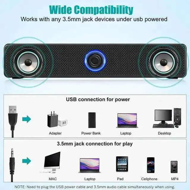 Alt view image 3 of 6 - WISDUM Computer Speaker for Desktop - Wired Laptop Soundbar USB-Powered PC Gaming Speaker with Stereo Surround Bass, Volume Control, 3.5mm Aux (Black)