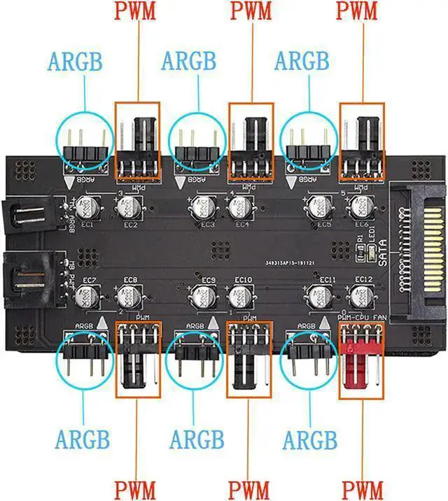 Alt view image 2 of 7 - WISDUM 12V 4Pin PWM & 5V 3Pin ARGB with SATA 15Pin Power 2-in-1 Hub 6 Way Sync CPU Cooling Fan Addressable RGB Lighting PCB Splitter for Extended Motherboard Interface -Black