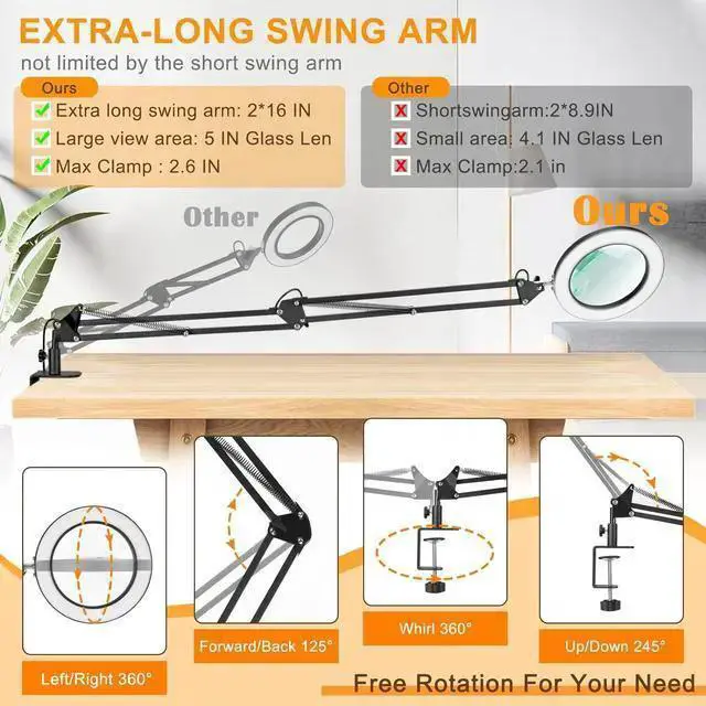 Alt view image 4 of 7 - WISDUM Large 10X Magnifying Glass with Light, 5 in Real Glass Stand Lighted Magnifier, 3 Color Modes Steepless Dimmable LED Magnifying Desk Lamp with Clamp, Hands Free for Close Work Crafts Hobby
