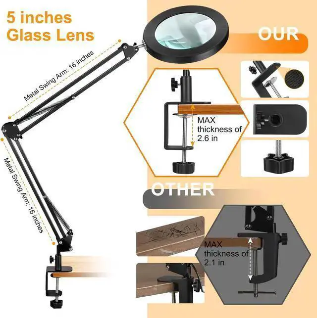 Alt view image 6 of 7 - WISDUM Large 10X Magnifying Glass with Light, 5 in Real Glass Stand Lighted Magnifier, 3 Color Modes Steepless Dimmable LED Magnifying Desk Lamp with Clamp, Hands Free for Close Work Crafts Hobby
