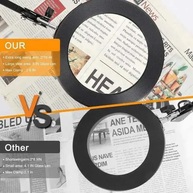 Alt view image 5 of 7 - WISDUM Large 10X Magnifying Glass with Light, 5 in Real Glass Stand Lighted Magnifier, 3 Color Modes Steepless Dimmable LED Magnifying Desk Lamp with Clamp, Hands Free for Close Work Crafts Hobby