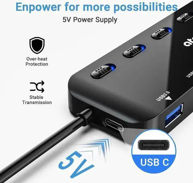 Alt view image 4 of 7 - WISDUM atolla 7-Port USB 3.0 Hub Splitter, USB Extender Ultra Slim Data USB Hub with Individual Power Switch and LEDs