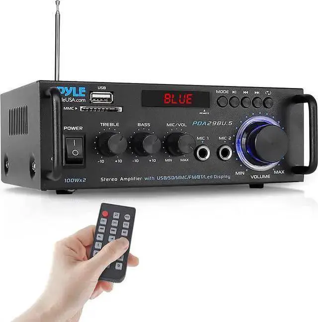Main image of WISDUM Pyle Wireless Bluetooth Stereo Power Amplifier - 200W Dual Channel Sound Audio Stereo Receiver w/RCA, USB, SD, MIC in, FM Radio, for Home Computer via RCA