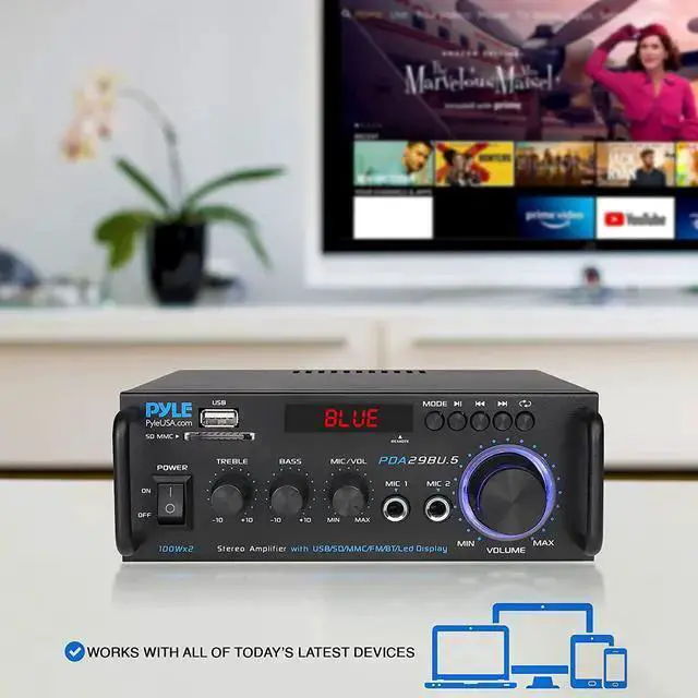 Alt view image 6 of 7 - WISDUM Pyle Wireless Bluetooth Stereo Power Amplifier - 200W Dual Channel Sound Audio Stereo Receiver w/RCA, USB, SD, MIC in, FM Radio, for Home Computer via RCA