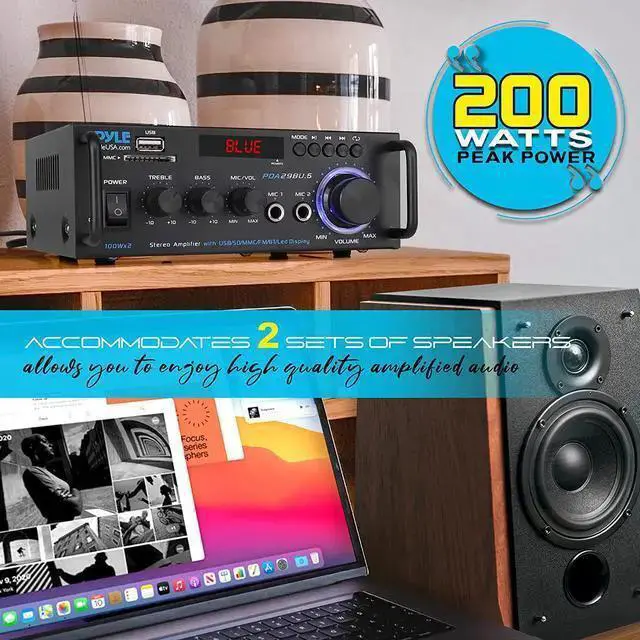 Alt view image 5 of 7 - WISDUM Pyle Wireless Bluetooth Stereo Power Amplifier - 200W Dual Channel Sound Audio Stereo Receiver w/RCA, USB, SD, MIC in, FM Radio, for Home Computer via RCA