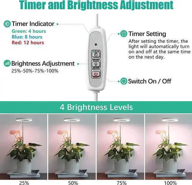 Alt view image 3 of 7 - WISDUM Grow Lights for Indoor Plants - LED Full Spectrum Plant Light, Height Adjustable Grow Light with 4 Dimmable Brightness, 4/8/12H On/Off Timer, Splashproof Halo Plant Lamp for Small Plants