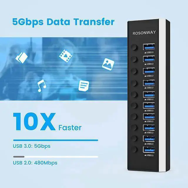 Alt view image 3 of 7 - WISDUM Powered USB Hub, Rosonway Aluminum 10 Port USB 3.0 Data Hub with 36W (12V/3A) Power Adapter and Individual On/Off Switches USB Splitter(RSH-A10)