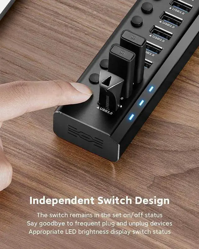 Alt view image 4 of 7 - WISDUM Powered USB Hub, Rosonway Aluminum 10 Port USB 3.0 Data Hub with 36W (12V/3A) Power Adapter and Individual On/Off Switches USB Splitter(RSH-A10)