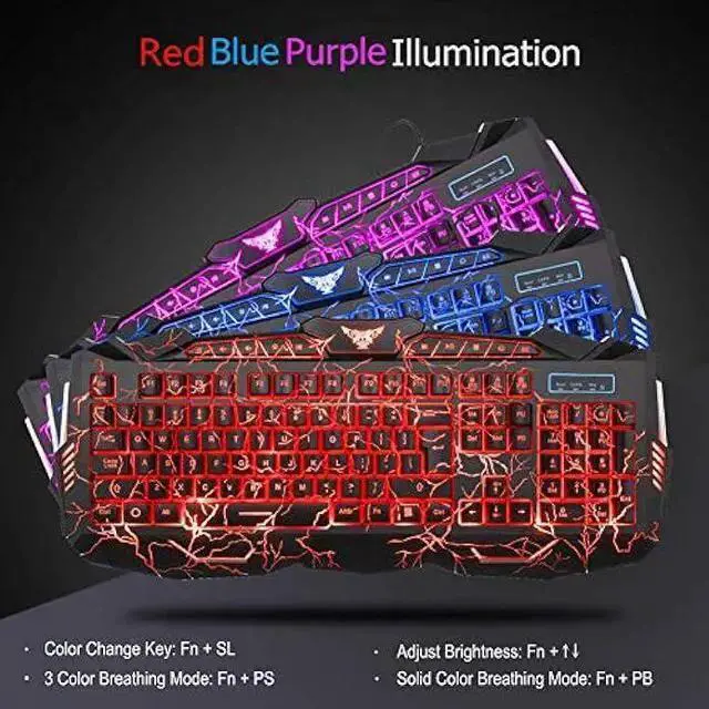 Alt view image 2 of 7 - WISDUM BlueFinger Gaming Keyboard Mouse Headset Combo,USB Wired Crack Backlit Keyboard,114 Keys Letters Glow LED Keyboard,Red LED Light Headset for Laptop PC Computer Work and Game