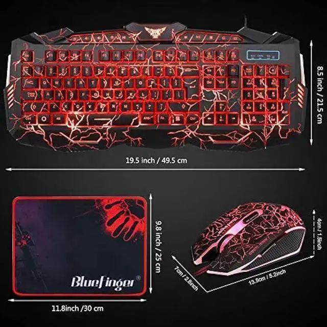 Alt view image 7 of 7 - WISDUM BlueFinger Gaming Keyboard Mouse Headset Combo,USB Wired Crack Backlit Keyboard,114 Keys Letters Glow LED Keyboard,Red LED Light Headset for Laptop PC Computer Work and Game