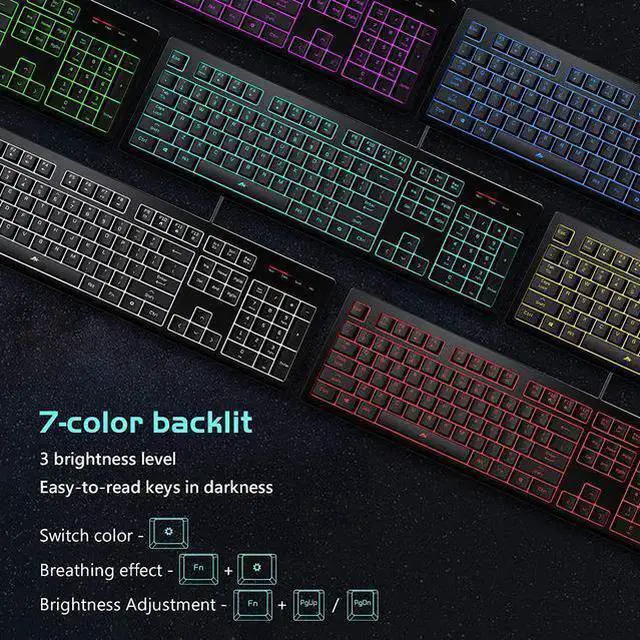 Alt view image 3 of 5 - WISDUM Light Up Quiet Gaming Keyboard - Membrane Silent Wired Keyboard with Low Profile Lighted Key for Computer, Windows PC Gamer - Full Size, Black