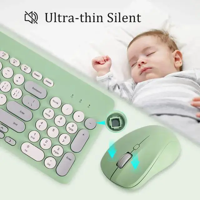 Alt view image 3 of 5 - WISDUM Arcwares Wireless Keyboard and Mouse Combo, Sweet Green Cute Keyboard, 2.4G USB Ergonomic Full-Sized Mute Keyboard for Computer, Laptop, PC Desktops, Mac