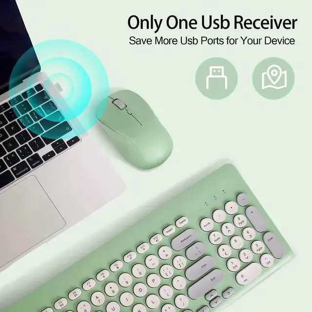 Alt view image 2 of 5 - WISDUM Arcwares Wireless Keyboard and Mouse Combo, Sweet Green Cute Keyboard, 2.4G USB Ergonomic Full-Sized Mute Keyboard for Computer, Laptop, PC Desktops, Mac