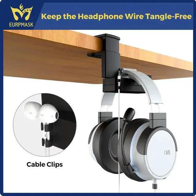 Alt view image 5 of 7 - WISDUM PC Gaming Headphone Stand,Dual Headset Hanger Hook Holder with Adjustable & Rotating Arm Clamp,Under Desk Design,Universal Fit,Built in Cable Clip Organizer EURPMASK