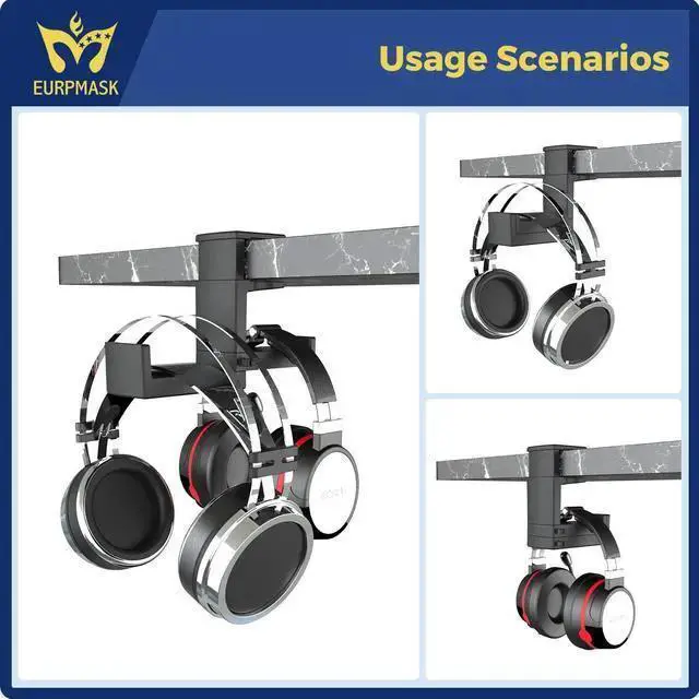 Alt view image 7 of 7 - WISDUM PC Gaming Headphone Stand,Dual Headset Hanger Hook Holder with Adjustable & Rotating Arm Clamp,Under Desk Design,Universal Fit,Built in Cable Clip Organizer EURPMASK