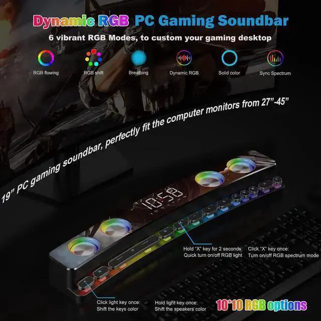Alt view image 2 of 6 - WISDUM Computer Speakers, Dynamic RGB PC Gaming Speakers Soundbar Desktop Sound Bar with Subwoofer Bluetooth, 19" PC Soundbar Battery Powered Laptop, Gaming Monitor 3.5mm AUX-in