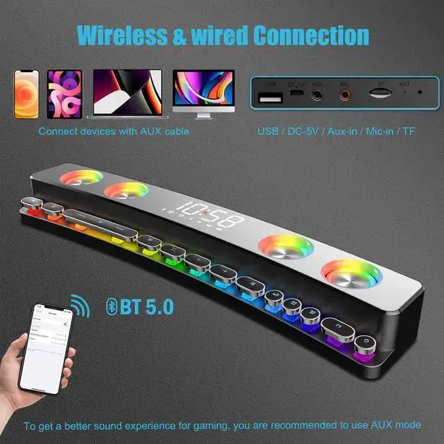 Alt view image 3 of 6 - WISDUM Computer Speakers, Dynamic RGB PC Gaming Speakers Soundbar Desktop Sound Bar with Subwoofer Bluetooth, 19" PC Soundbar Battery Powered Laptop, Gaming Monitor 3.5mm AUX-in