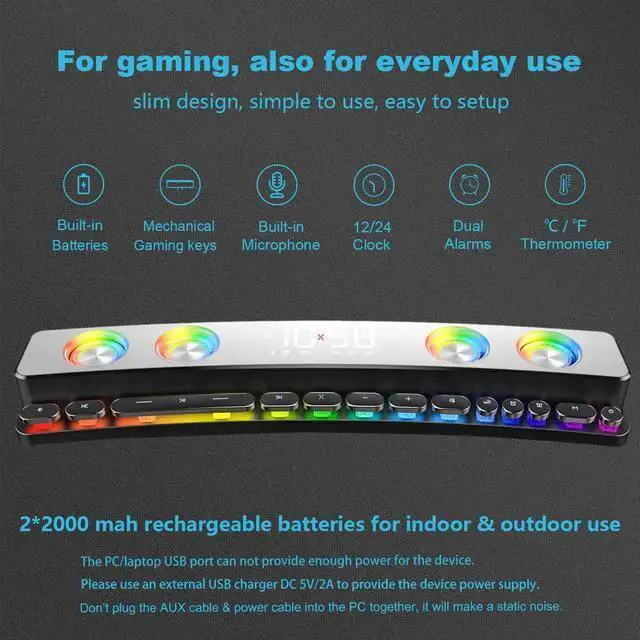 Alt view image 4 of 6 - WISDUM Computer Speakers, Dynamic RGB PC Gaming Speakers Soundbar Desktop Sound Bar with Subwoofer Bluetooth, 19" PC Soundbar Battery Powered Laptop, Gaming Monitor 3.5mm AUX-in