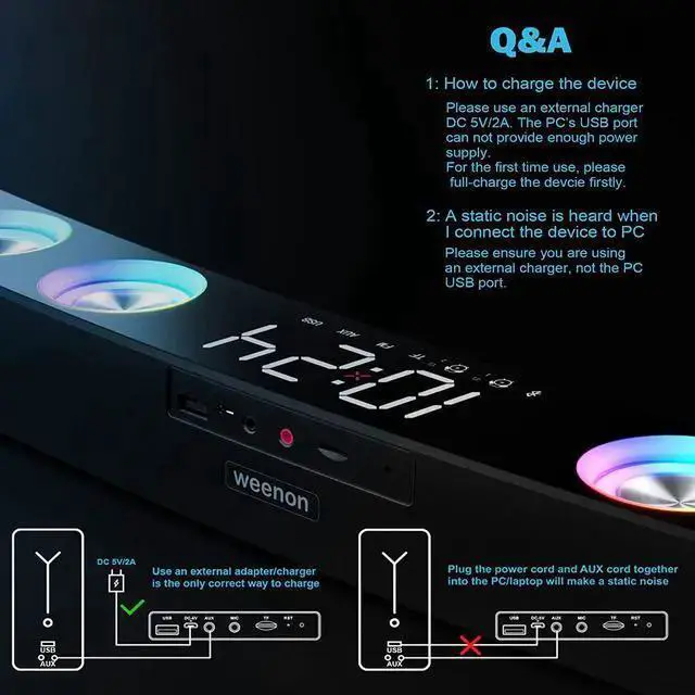 Alt view image 6 of 6 - WISDUM Computer Speakers, Dynamic RGB PC Gaming Speakers Soundbar Desktop Sound Bar with Subwoofer Bluetooth, 19" PC Soundbar Battery Powered Laptop, Gaming Monitor 3.5mm AUX-in