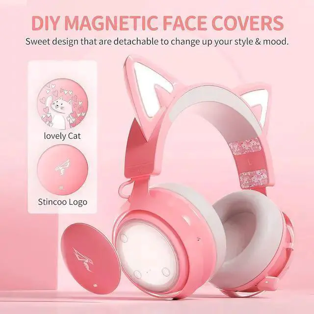 Alt view image 5 of 7 - WISDUM SOMIC GS510 Gaming Headset, Cat Ear Headset PC Gaming Headphones with Retractable Mic Noise Cancelling, Stereo Sound, DIY Face Covers for PC, PS4, PS5, One(Only White LED Light)-Pink