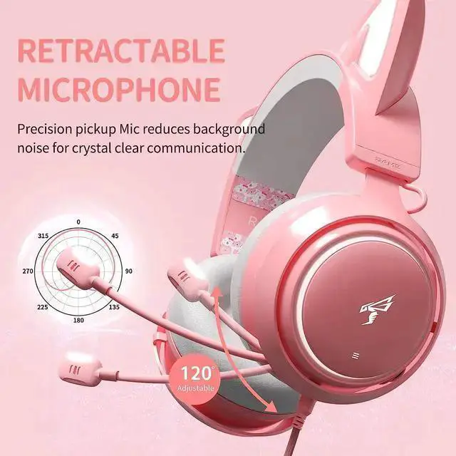 Alt view image 6 of 7 - WISDUM SOMIC GS510 Gaming Headset, Cat Ear Headset PC Gaming Headphones with Retractable Mic Noise Cancelling, Stereo Sound, DIY Face Covers for PC, PS4, PS5, One(Only White LED Light)-Pink