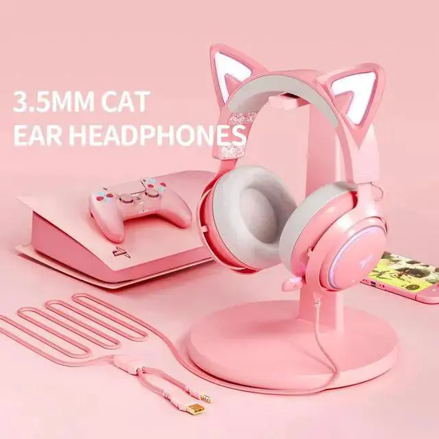 Alt view image 7 of 7 - WISDUM SOMIC GS510 Gaming Headset, Cat Ear Headset PC Gaming Headphones with Retractable Mic Noise Cancelling, Stereo Sound, DIY Face Covers for PC, PS4, PS5, One(Only White LED Light)-Pink