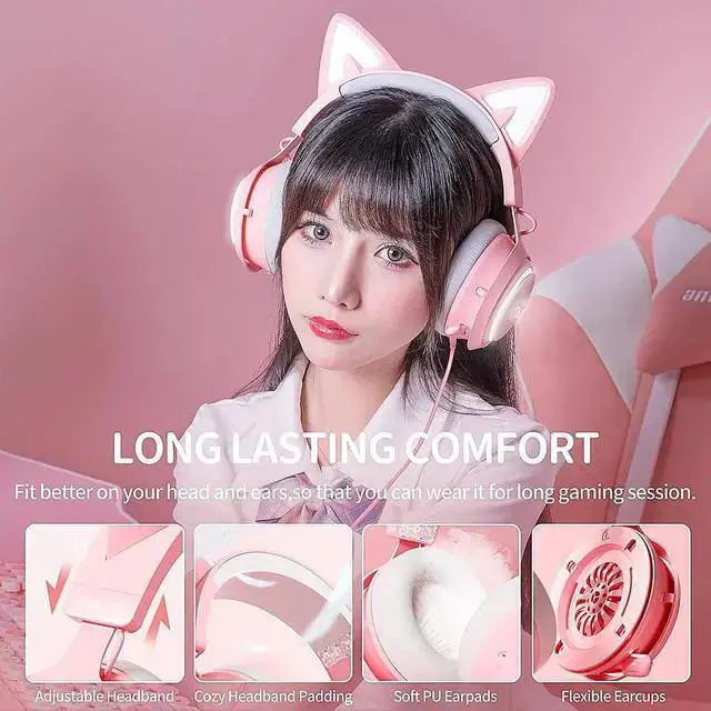 Alt view image 4 of 7 - WISDUM SOMIC GS510 Gaming Headset, Cat Ear Headset PC Gaming Headphones with Retractable Mic Noise Cancelling, Stereo Sound, DIY Face Covers for PC, PS4, PS5, One(Only White LED Light)-Pink
