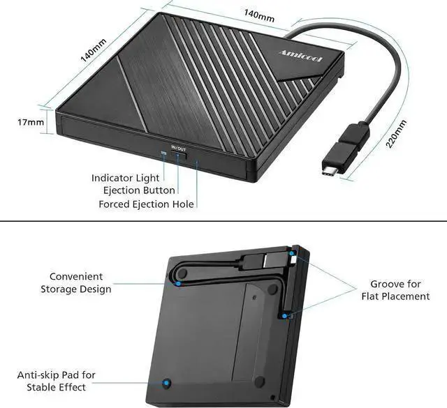 Alt view image 4 of 6 - WISDUM External DVD Drive USB 3.0 USB C CD Burner CD/DVD +/-RW Optical Drive Slim Portable DVD CD ROM Rewriter Writer Duplicator for Laptop Desktop PC Windows 10/8/7 Mac Linux OS