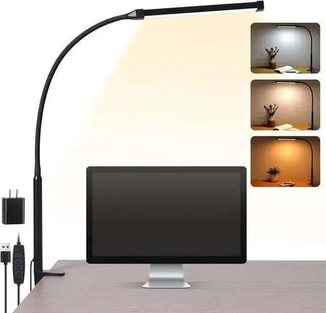 Main image of WISDUM LED Desk lamp with Clamp, Eye-Caring Clip on Lights for Home Office, 3 Modes 10 Brightness, Long Flexible Gooseneck,Metal, Swing Arm Architect Task Table Lamps with USB Adapter, Black