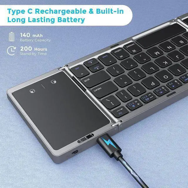 Alt view image 6 of 7 - WISDUM Foldable Bluetooth Keyboard for Travel Tri-Folding Wireless Portable Keyboard with Touchpad Rechargeable Multi-Device Small Keyboard for Laptop Tablet PC Smartphone Windows iOS Android