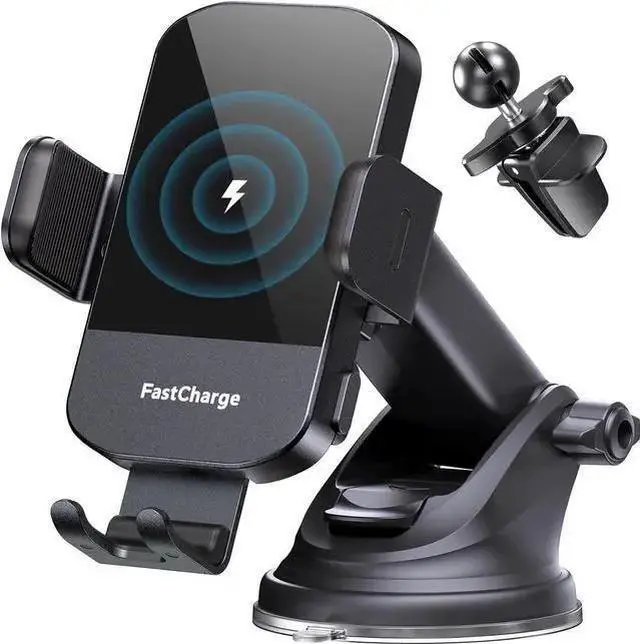 Main image of WISDUM CHGeek Wireless Car Charger, 15W Fast Charging Auto Clamping Car Charger Phone Mount Phone Holder fit for 15 14 13 12 11 Pro Max Xs, Galaxy S24 Ultra S23 S22 S21, S20, S10+, Black