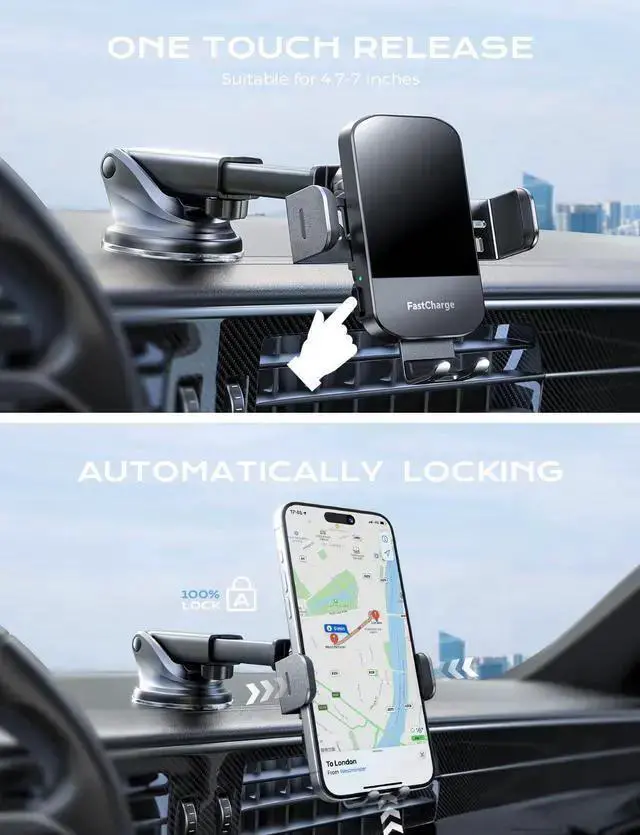 Alt view image 4 of 7 - WISDUM CHGeek Wireless Car Charger, 15W Fast Charging Auto Clamping Car Charger Phone Mount Phone Holder fit for 15 14 13 12 11 Pro Max Xs, Galaxy S24 Ultra S23 S22 S21, S20, S10+, Black