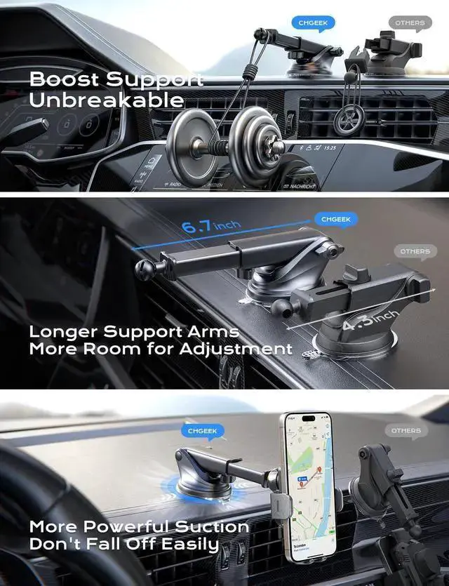 Alt view image 5 of 7 - WISDUM CHGeek Wireless Car Charger, 15W Fast Charging Auto Clamping Car Charger Phone Mount Phone Holder fit for 15 14 13 12 11 Pro Max Xs, Galaxy S24 Ultra S23 S22 S21, S20, S10+, Black