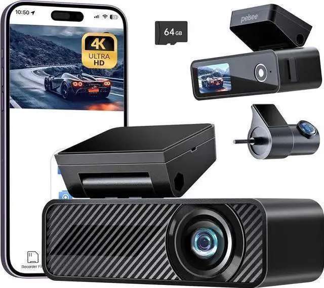 Main image of WISDUM 4K Dash Cam Front and Rear, 64GB SD Card, Pelsee 4K+1080P Dual Dash Camera for Cars, Wi-Fi & App Control, 1.5IPS Display Car Camera, Voice Control, Night Vision, 24H Parking Mode, G-Sensor