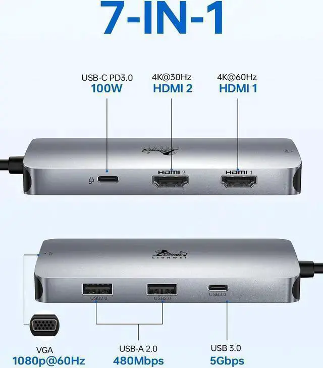 Alt view image 2 of 7 - WISDUM USB C Docking Station Dual HDMI Adapter, LIONWEI Laptop Docking Station Dual Monitor with Dual 4K HDMI, VGA, Fast Charging Port, 3 USB, USB C Hub Multiport Adapter for , , , Surface