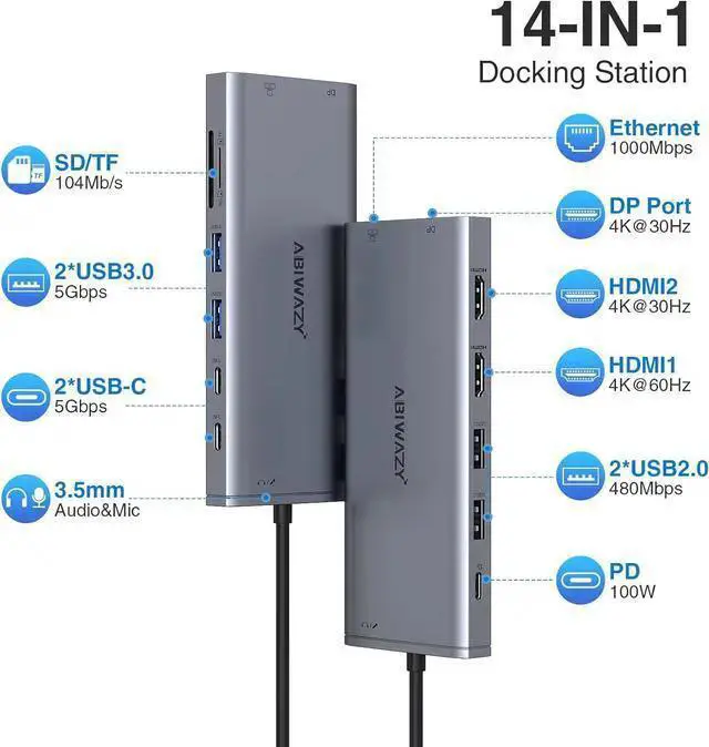 Alt view image 2 of 7 - WISDUM USB C Hub USB-C Docking Station Dual Monitor 14 in 1 Triple Display Multiport Adapter with 2 HDMI+DP+7 USB Type C/A Ports+Ethernet+Audio, USBC Dongle for // ThinkPad/Surface(Grey)