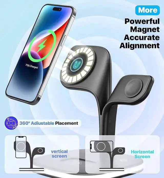 Alt view image 2 of 6 - WISDUM Wireless Charging Station, Magnetic Charging Station, 5 in 1 Fast Mag Safe Charger for 15 14 13 12 Series, Wireless Charger Stand for Watch Ultra 8 7 6 5 4 3 2, Airpods Pro 3 2 (Black)