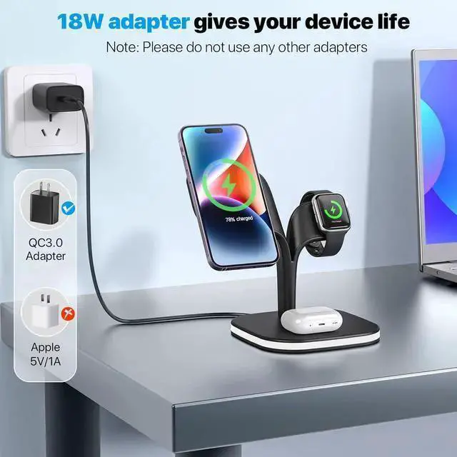 Alt view image 3 of 6 - WISDUM Wireless Charging Station, Magnetic Charging Station, 5 in 1 Fast Mag Safe Charger for 15 14 13 12 Series, Wireless Charger Stand for Watch Ultra 8 7 6 5 4 3 2, Airpods Pro 3 2 (Black)