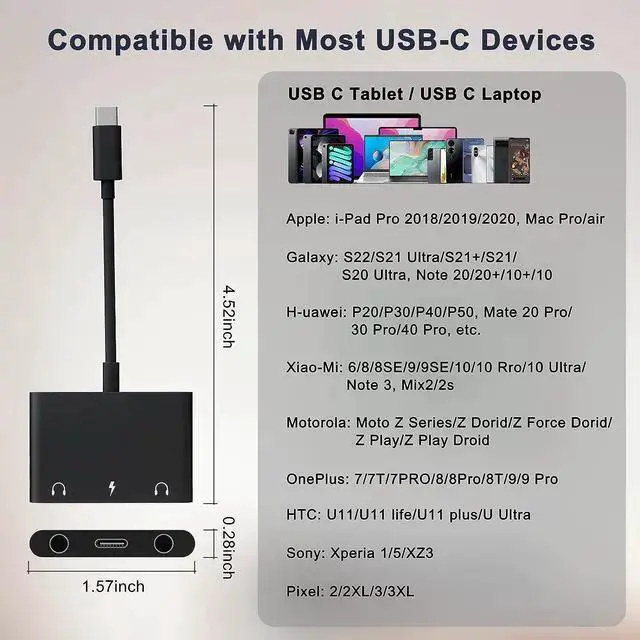 Alt view image 6 of 7 - WISDUM UWECAN USB C Headphone Adapter,3 in 1 USBC to 3.5mm Dual Headphone Jack Adapter for Stereo,USB-C Audio Adapter with Type-c Fast Charging Port,Headphone Splitter Compatible Pro,,Google,etc